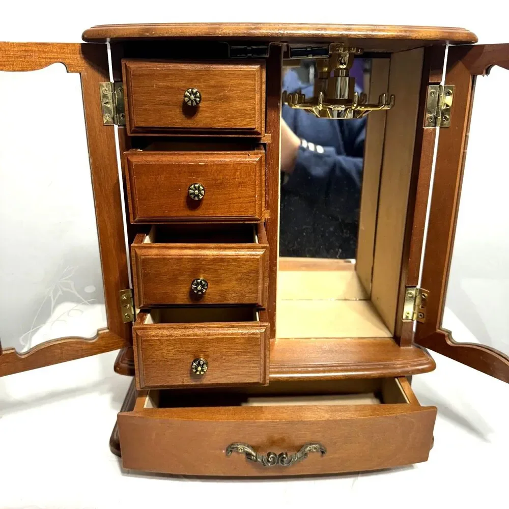 Vintage Jewelry Wood Music Box Etched Floral Glass Doors Mirror 5"x10"x12" - Picture 6 of 8